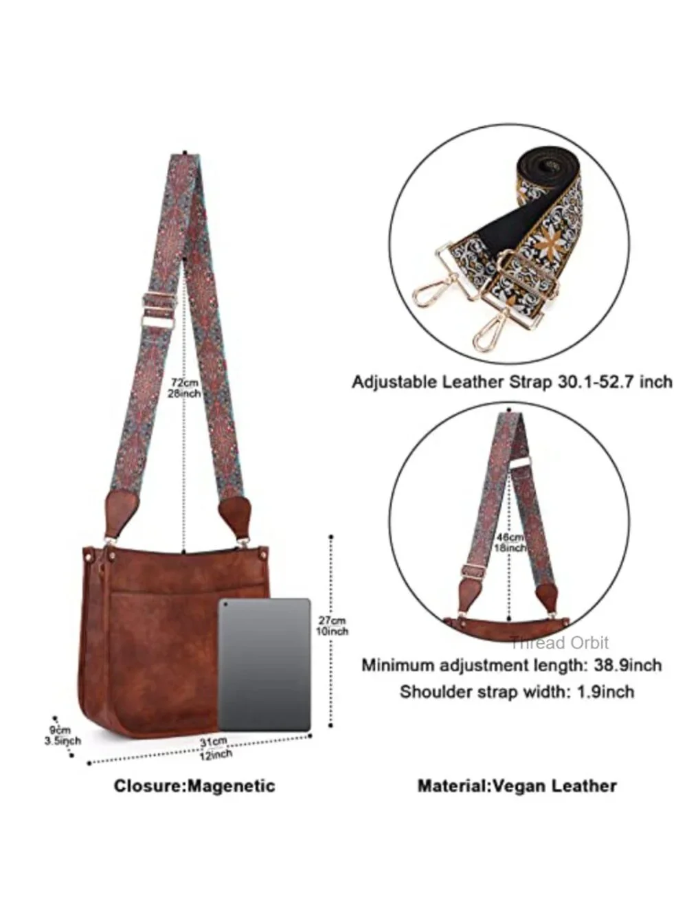 Trendy Hobo Crossbody Bag with 2 Adjustable Straps, Vegan Leather, Zipper